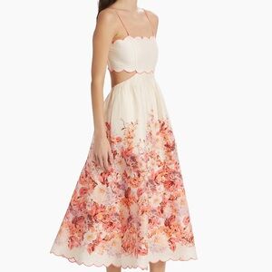 Zimmermann Devi scalloped cut out Cream Pink Floral Midi Dress size 0